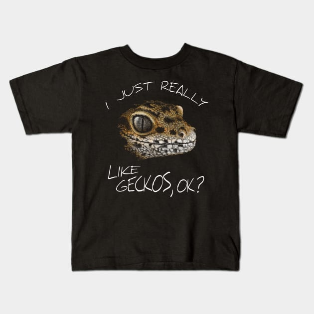 I Just Really Like Geckos, Ok? Funky Leopard-Gecko Kids T-Shirt by SkizzenMonster
